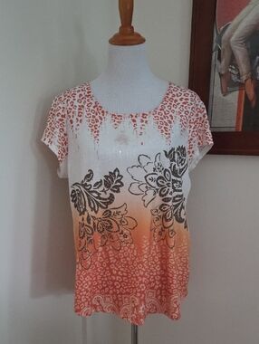 Chico's Marmalaide Floral Ombre Short Sleeve Top - White & Orange